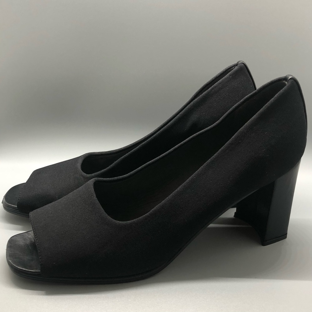 Stuart Weitzman Peep Toe Black Chunky Heels Narrow